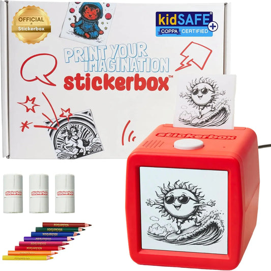 Stickerbox AI-Powered Voice-Activated Mini Thermal Device for Kids 5+, Mess-Free DIY Scrapbooking Tool (how to make a sticker, funny stickers) with 3 Paper Rolls (~200 Pieces), 8 Colored Pencils, Power Adapter, 0.67lb, 3.75"x3.75"x3.75", Portable Gift