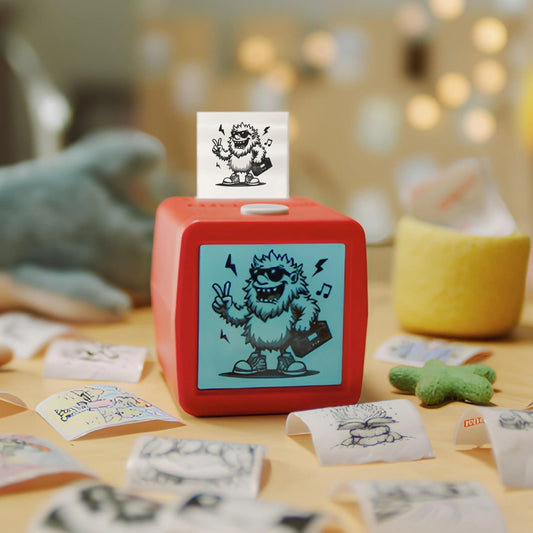 Stickerbox AI-Powered Voice-Activated Mini Thermal Device for Kids 5+, Mess-Free DIY Scrapbooking Tool (how to make a sticker, funny stickers) with 3 Paper Rolls (~200 Pieces), 8 Colored Pencils, Power Adapter, 0.67lb, 3.75"x3.75"x3.75", Portable Gift